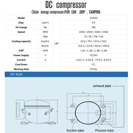 Компрессор для автохолодильника 12/24 Вольт Anuodan ZH45G (R-134a, DC12V, DC24V)