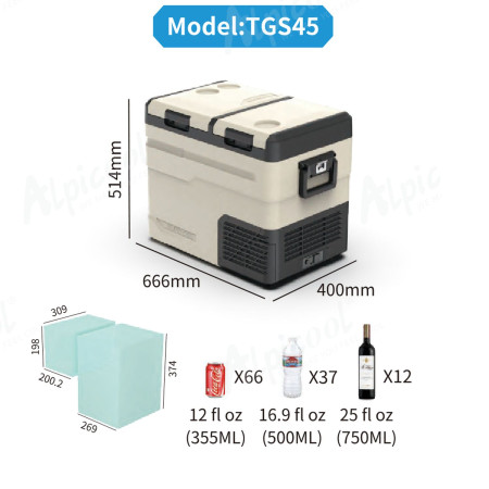 Компрессорный автохолодильник Alpicool TGS45 (47 литров). Двухкамерный. До -20℃, (12, 24, 220 вольт)